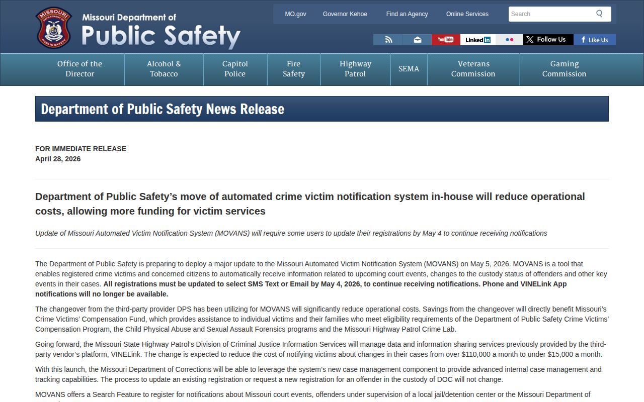 Missouri MOVANS change notice for Sullivan County release alerts